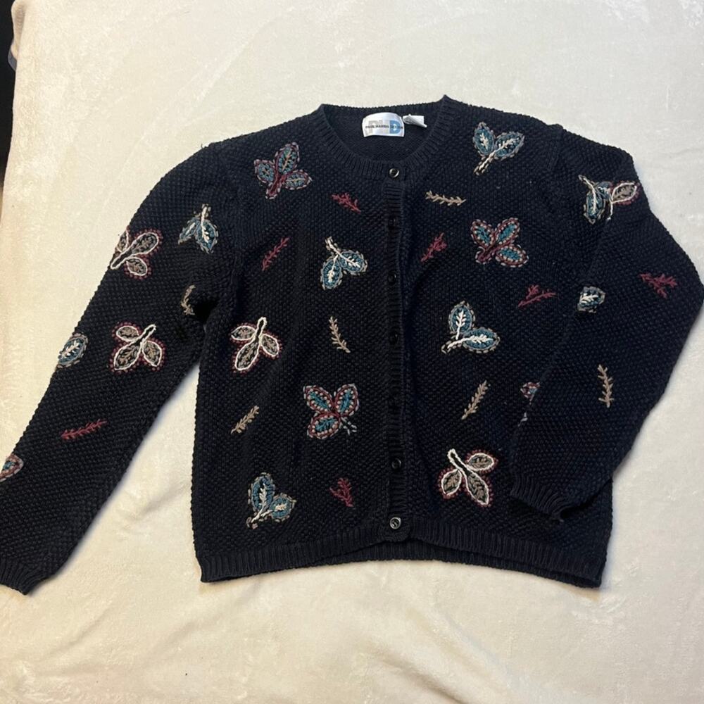 Vintage Embroidered Cardigan Floral Leaves Autumn Hippie Small Cotton